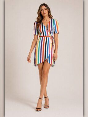 A238 • Rainbow Stripe Faux Wrap Tulip Hem Mini Dress